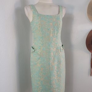 DAVID MEISTER SIZE 6 FLORAL SLEEVELESS DRESS AQUA GOLD BOW POCKETS